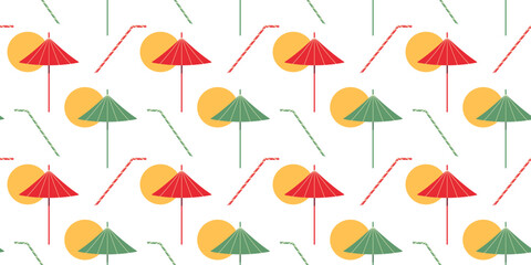 Drinks straw and Cocktails umbrellas Seamless Pattern Vacation Relax Summer Background Banner Format. Isolated Vector illustration Summer or Vacation Thematic Cards Bar Cafe, leaflets, media post, tag