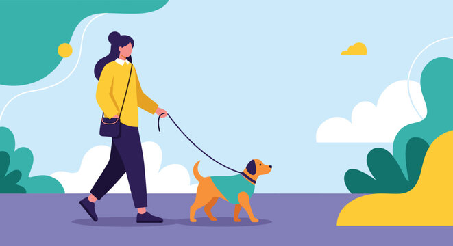 Young woman enjoying a relaxing walk with her dog on a leash in a park with a colorful abstract background of nature elements.