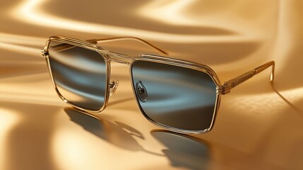 Modern sunglasses with reflective lenses on golden fabric background