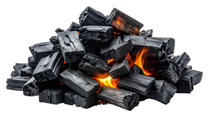 Close-up of a pile of burning charcoal with flames visible