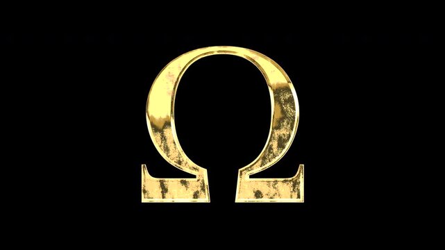 Gold Greek uppercase alphabet &ldquo;&Omega;&rdquo;, light reflecting and patterns shifting, alpha channel