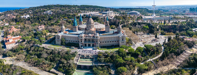 Aerial panorama view around the city and palace of Barcelona on a sunny day in early spring in spain catalonia