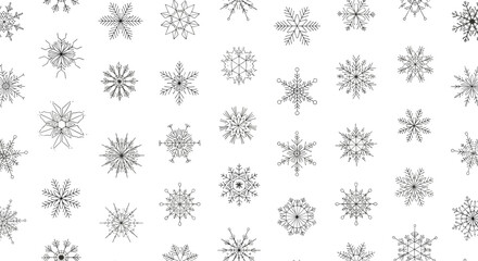 Seamless pattern background with a variety of intricately hand-drawn black snowflakes on a clean white backdrop for winter decor.