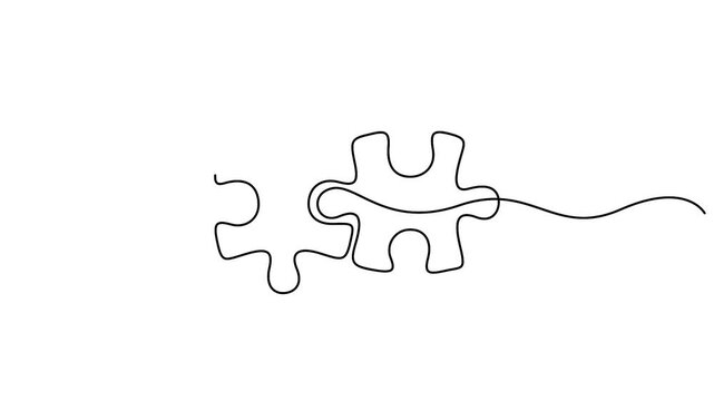 Self animated single continuous line drawing of two interlocking jigsaw puzzle pieces, one line drawing puzzle pieces