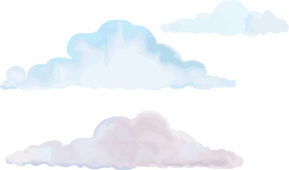 cartoon clouds isolated on white background. Hand drawn colorful watercolor illustration.