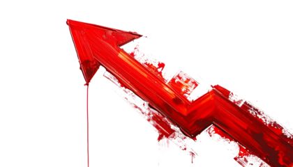 A digitally rendered, translucent red arrow, pointing upward, with paint-like textures