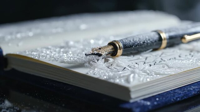 Fountain pen rests on open notebook covered in delicate frost and ice, intricate patterns on pages symbolize memory, remembrance, and quiet passage of time, suitable for funeral memorial video.