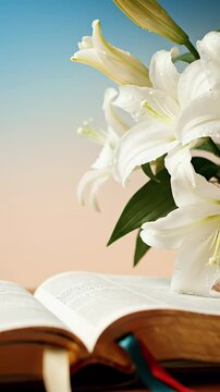 Church confirmation preparation background with open bible and white flowers for Christian ceremony
