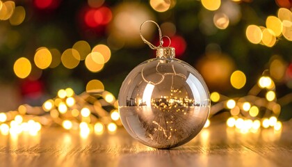 Close-up of a silver decorative sphere, reflecting lights, set on a wooden surface with a backdrop of blurred festive decorations