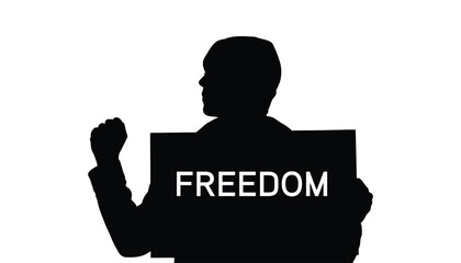 A silhouette of a man holding a sign that reads 'freedom' in bold white letters conveying a powerful message of liberty and human rights