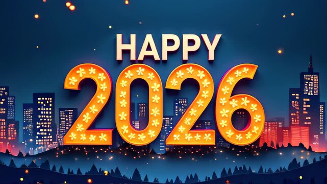 Happy new year 2026 with city lights and fireworks