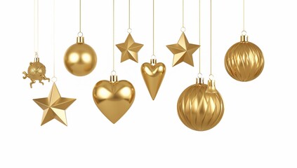 Decorative gold hanging ornaments including stars hearts and balls representing Christmas elegance and festive celebration