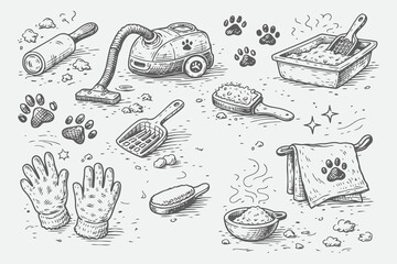 Hand Drawn Pet Care Cleaning Tools Vector in Sketch Style