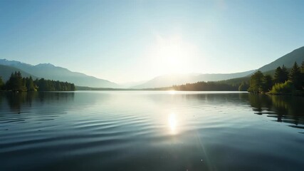 View of a lake with a sun shining over the water