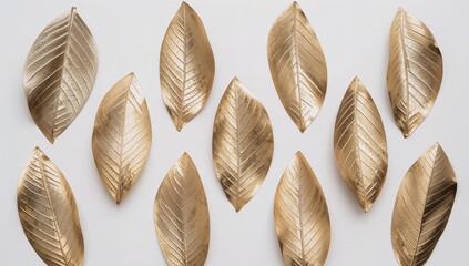 Metallic gold leaves pattern on clean white background creating a modern luxury texture for holiday decoration editorial and commercial design use