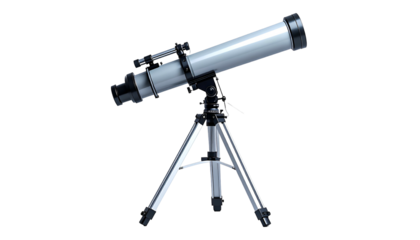 A silver refracting telescope sits atop a tripod against a black background
