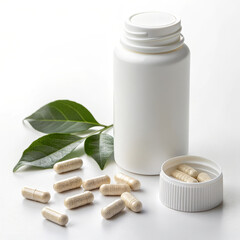 White Bottle with Neutral Capsules, Detox and Wellness Concept on White Background