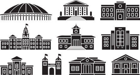 Public and institutional building silhouettes icon set isolated on white background