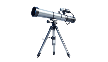 Shiny, detailed illustration of a silver telescope on a tripod against a black background