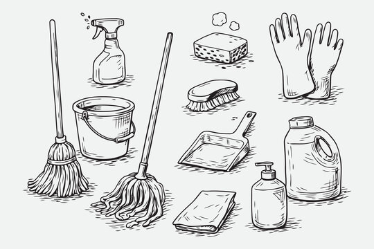 Hand Drawn Household Cleaning Tools Vector Set in Sketch Style
