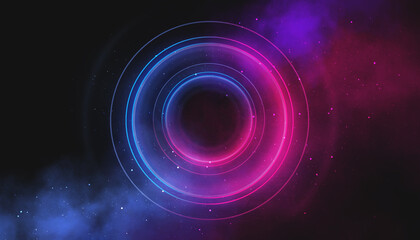 Neon circle with smoke effect. Abstract technology futuristic circles with glowing blue and pink light lines and speed motion blur on a dark blue background.