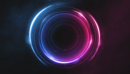Neon circle with smoke effect. Abstract technology futuristic circles with glowing blue and pink light lines and speed motion blur on a dark blue background.