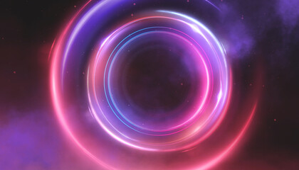 Neon circle with smoke effect. Abstract technology futuristic circles with glowing blue and pink light lines and speed motion blur on a dark blue background.