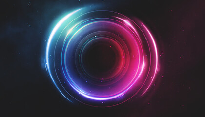 Neon circle with smoke effect. Abstract technology futuristic circles with glowing blue and pink light lines and speed motion blur on a dark blue background.