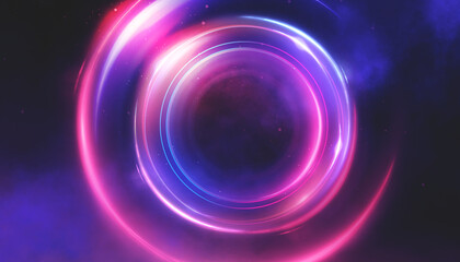 Neon circle with smoke effect. Abstract technology futuristic circles with glowing blue and pink light lines and speed motion blur on a dark blue background.