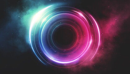 Neon circle with smoke effect. Abstract technology futuristic circles with glowing blue and pink light lines and speed motion blur on a dark blue background.