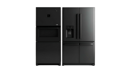Black kitchen appliances against a black background. Fridge, microwave, and double door