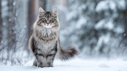Cat standing in snowy landscape among trees during winter weather in a quiet forest setting