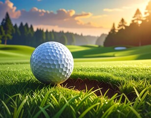 Close-up of a golf ball near a hole on a lush green course with trees and sky background at sunset