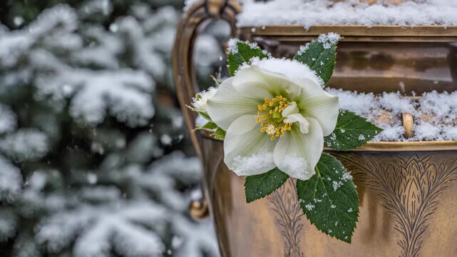 White flower with green leaves, dusted with fresh snow, placed in a decorative metal urn outdoors. This tranquil winter scene evokes solemnity and remembrance