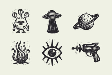 Retro Science Fiction Woodcut Icon Set: Alien, UFO, Ray Gun, and Cosmic Symbols. © Ghaghah24