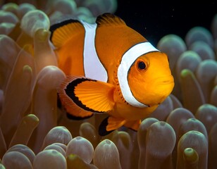 Close-up of a vibrant orange and white fish with black outlines, nestled in a sea anemone's tentacles. The background is dark