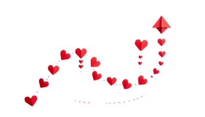 Red pixel hearts connected, forming an upward-pointing graph on a black background