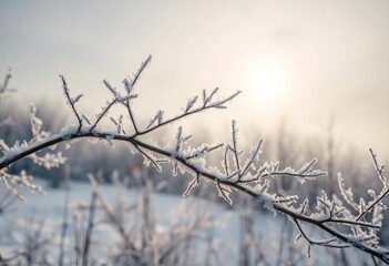 Obraz premium Frosted branches glisten under a pale winter sun, a hushed, ethereal landscape, nature, outdoors