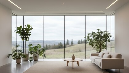 Modern Minimalist Living Room with Large Windows and Scenic Outdoor View of Green Hills and Plants