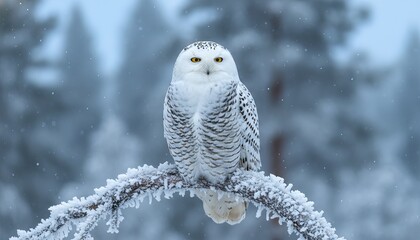 Snowy Owl Sitting on Frosty Branch in Winter Wonderland with Snowy Forest Background