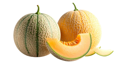 Two whole cantaloupes and a slice, one with green skin, the other with yellow skin
