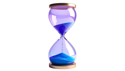 A detailed, stylized rendering of an hourglass with blue sand, against a black background