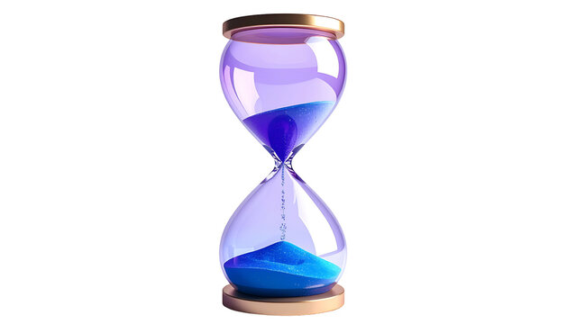 A detailed, stylized rendering of an hourglass with blue sand, against a black background