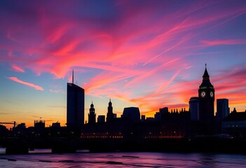 Iconic London skyline silhouette at sunset, featuring key landmarks, towerbridge, illustration