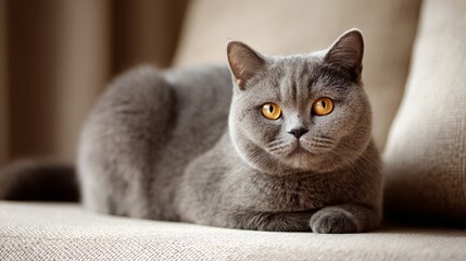 Gray cat with orange eyes resting on a beige couch in a living room during daytime