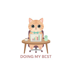 PNG. isolated transparent background.&nbsp;Cute cat working diligently on laptop at desk with coffee