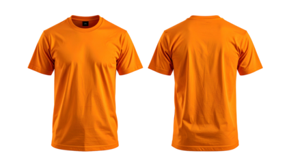 Front and back views of a plain, vibrant orange crew neck t-shirt on a black background