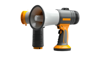 Graphic of a handheld megaphone with a grey, orange and white design