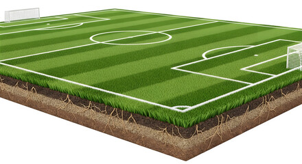 Isometric soccer field with lines and goals isolated on transparent background