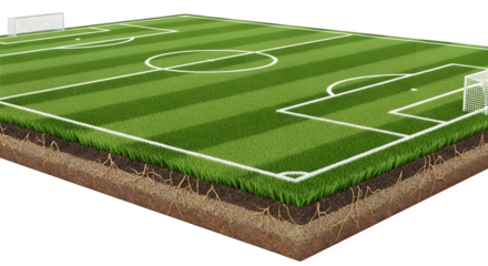Isometric soccer field with lines and goals isolated on transparent background